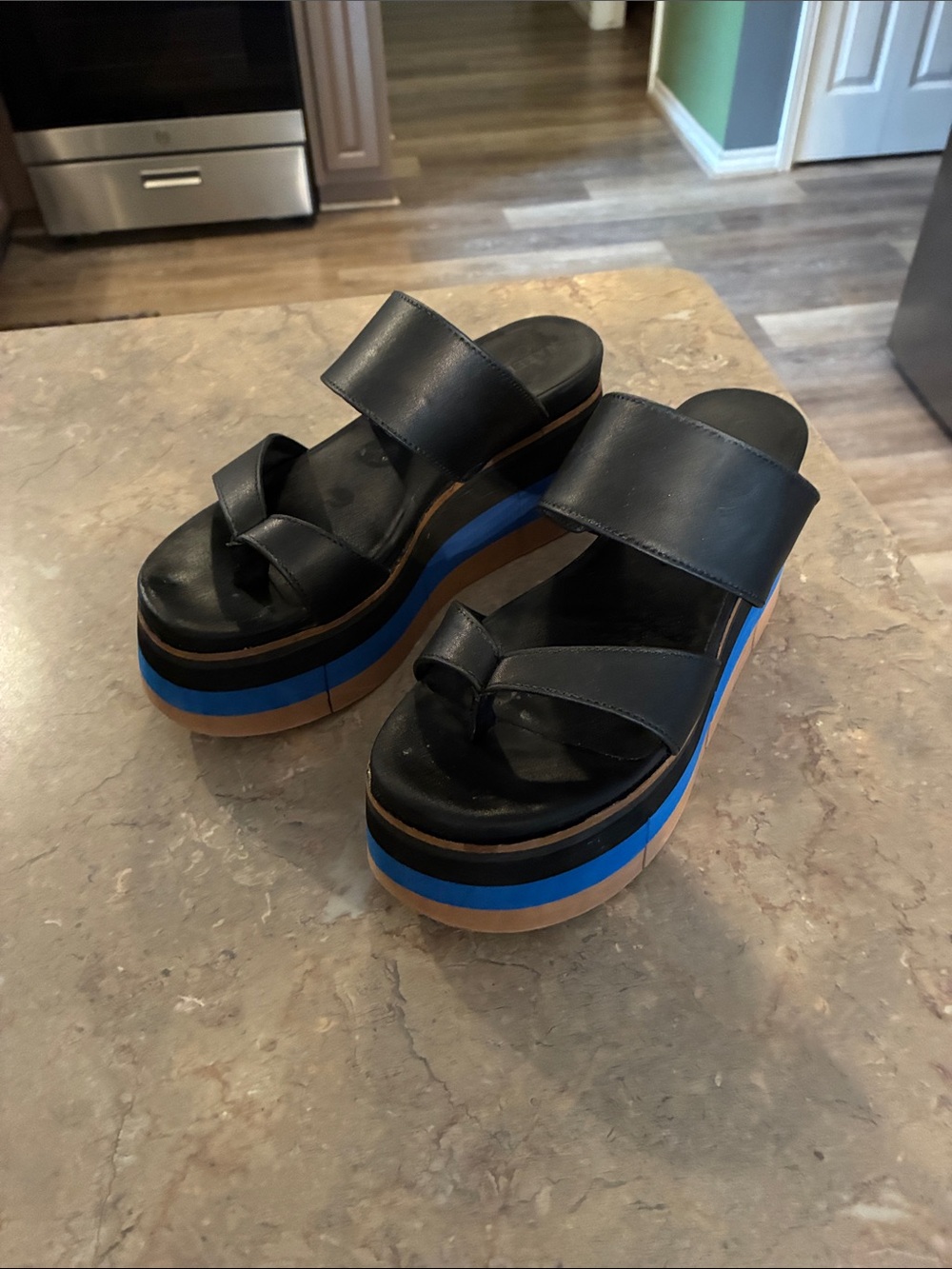 Naked Feet Black Platform Slide Sandals with Blue and Tan Stripes